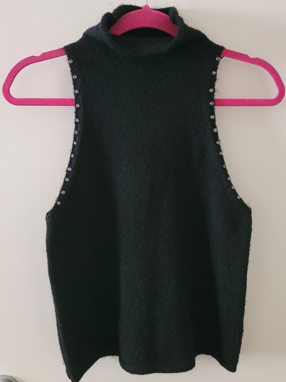 Sleeveless Turtleneck Knit Top with Stud Trim - Black